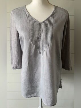 J.Jill Top Love Linen Tunic Women Gray Pin Tuck S Small 3/4 Sleeve